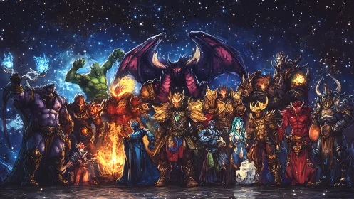 Lineup of armored fantasy figures arranged under star field