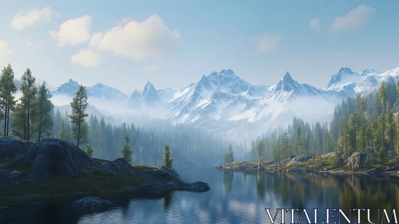 High-fidelity alpine lake render with volumetric fog and PBR terrain