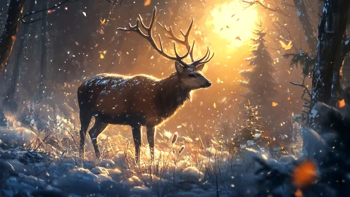 Golden winter sunlight wraps a calm stag in quiet wonder