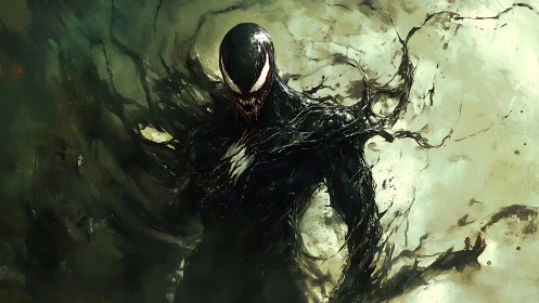 Shadowborn symbiote rising from a storm of dripping night.