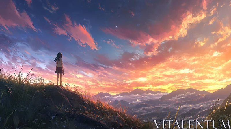 Solitary figure on hillside observing wide sunset sky.