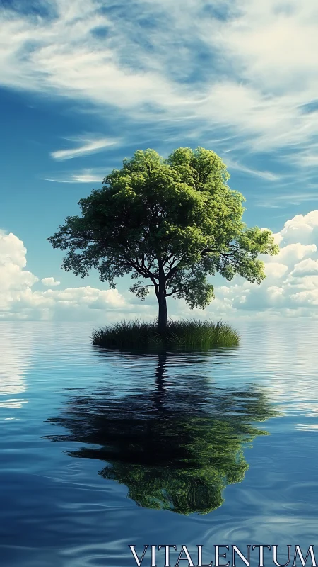 Solitary green tree rests calmly on a tiny reflective island