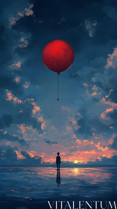 Solitary figure beneath crimson balloon at dusk seascape.