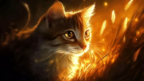 Digital rendering of a feline with luminous golden accents