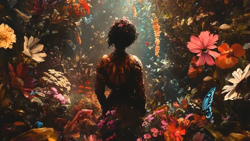 Figure stands amid dense, illuminated digital flower garden