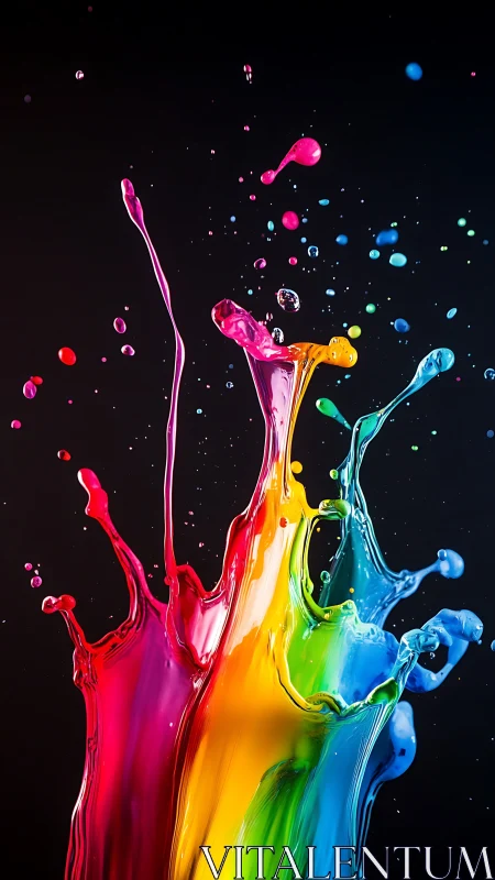 Chromatic liquid splash sculpture on black background.