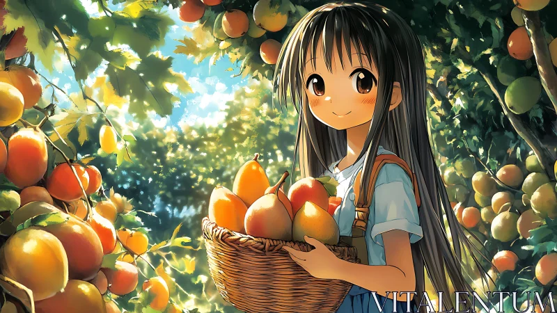 Anime girl harvesting ripe fruit in sunlit orchard scene.