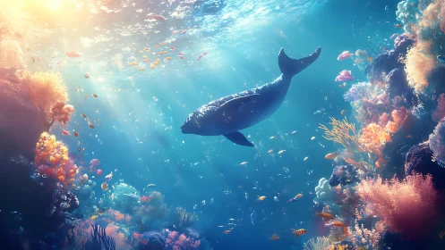 Whale glides through glowing coral reef under sunlit water