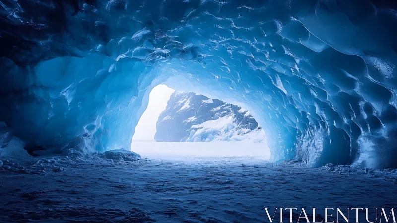 Glowing blue ice cave opening onto a peaceful snowy world.