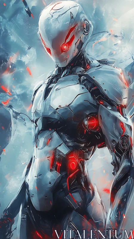 Crimson-eyed combat android in icy futurist armor stance.