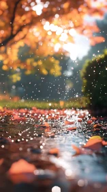 Shallow-depth autumn puddle captures suspended rain droplets sharply