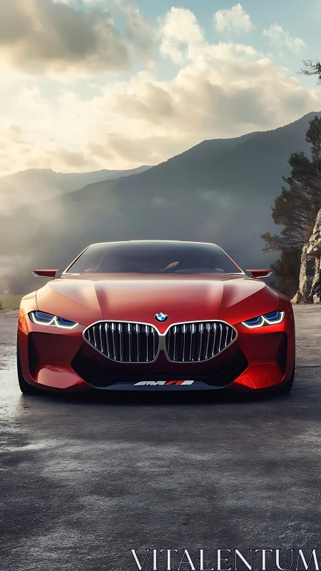 Low-angle frontal view of red BMW concept car with LED light signature