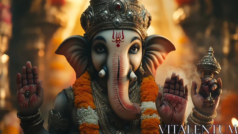 Ornate Ganesha idol glowing in incense-lit temple hush.