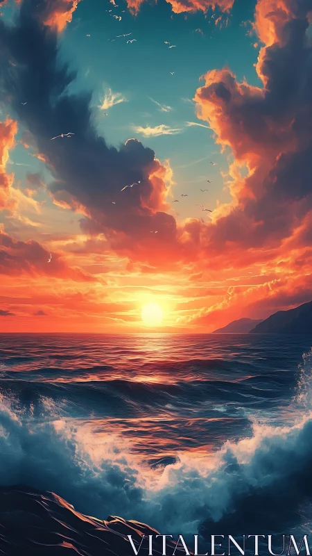 Storm-kissed sunset ocean roaring under painted skies.