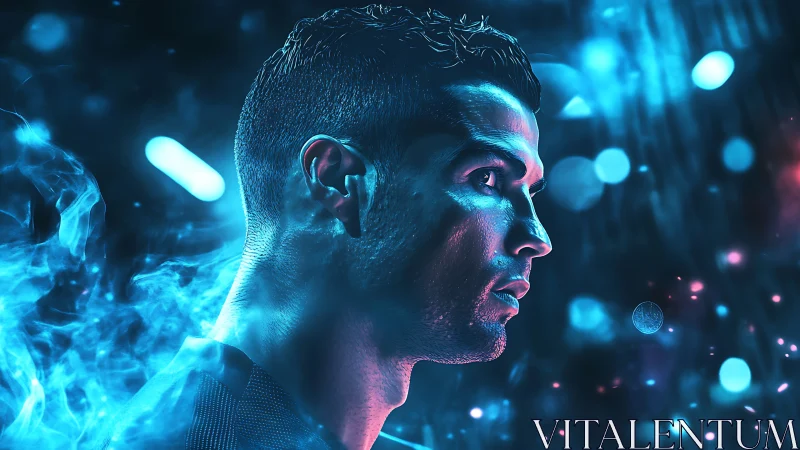 Neon blue cyber-lit male profile portrait with vapor effects