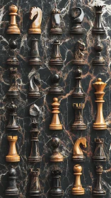 Marbled chess army stands ranked in burnished amber columns