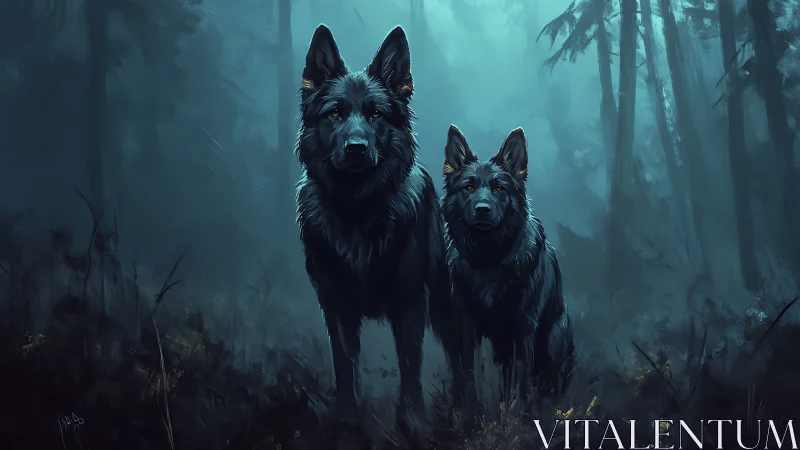 Two dark-coated dogs stand in a dense, fog-filled forest