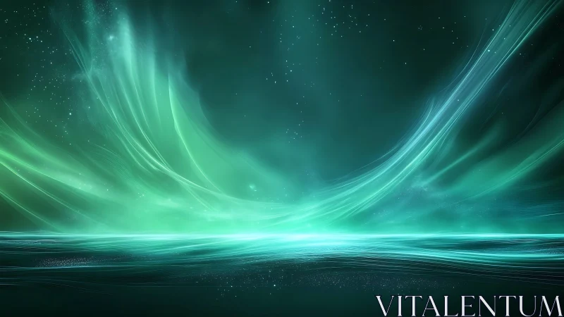 Emerald aurora sweeps over luminous abstract ocean horizon