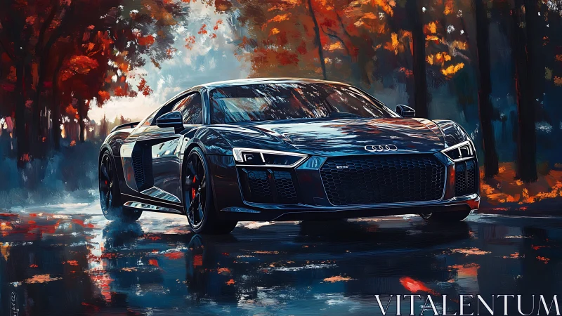 High-gloss supercar render in saturated autumn forest environment.