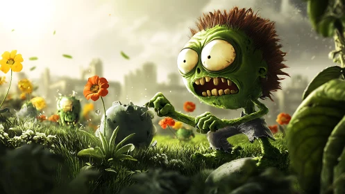 Cartoon zombie charges through vivid flower battlefield.