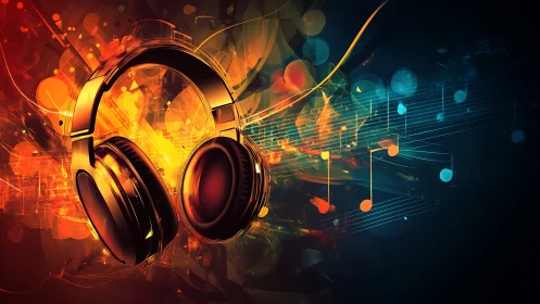 Glowing headphones explode with color in a dynamic music storm