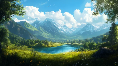 Sunlit alpine valley encircles crystal blue mountain lake.