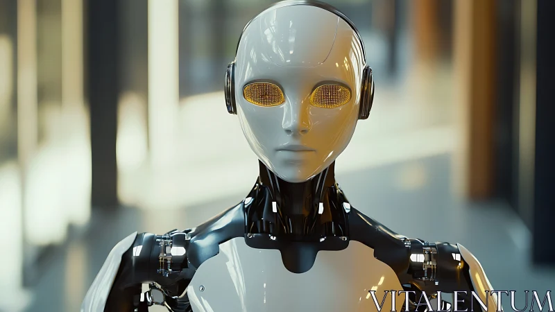 Humanoid service robot with glossy composite shell and mesh optics.