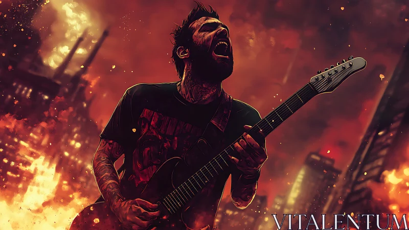Digital painting of metal guitarist in apocalyptic inferno scene.