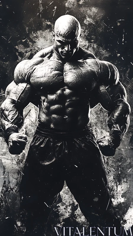 Muscular bald man in powerful bodybuilding stance artwork.