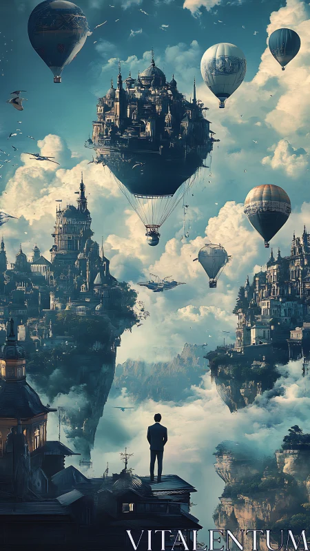 Man observing floating sky cities with airships and clouds.
