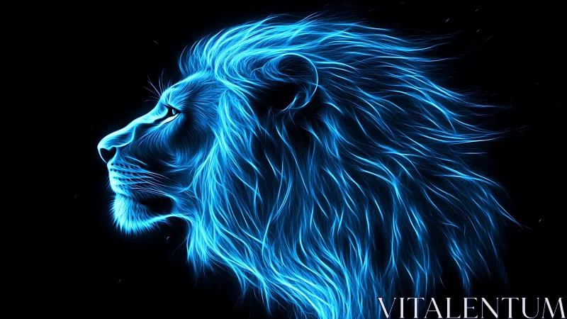 Electric blue lion profile glows boldly against black void