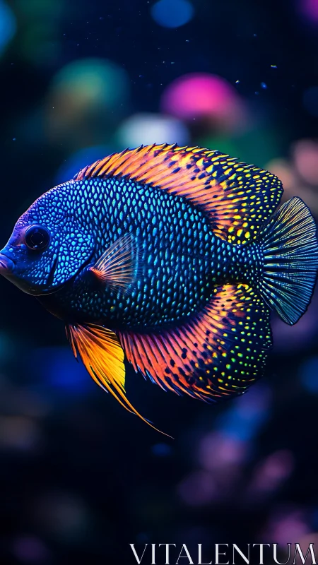 Neon tropical fish glides through a dreamy, glowing seascape