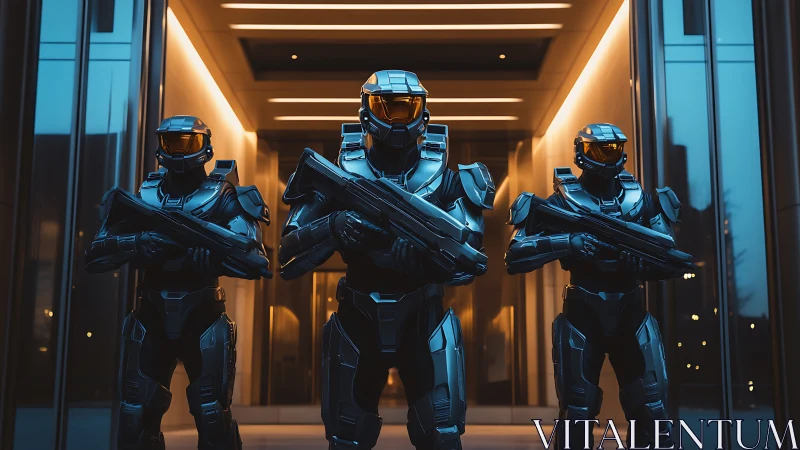 Steel sentinels stride from neon vaults of tomorrow night.