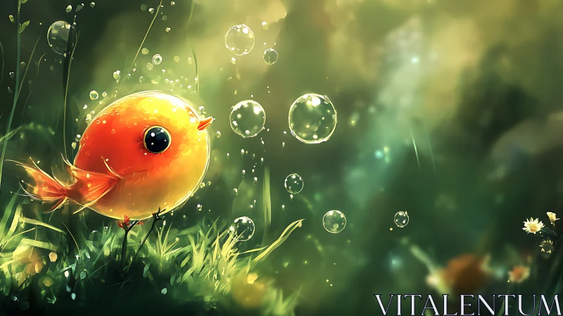 Round orange bird observing floating bubbles in grass.