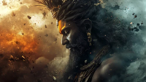 Mythic warrior in profile amid swirling cosmic storm.