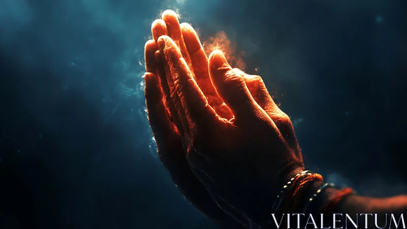 Cinematic digital painting of praying hands in rim light.