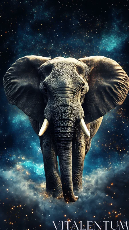 Stellar tusk titan strides through nebula-lit night sky.