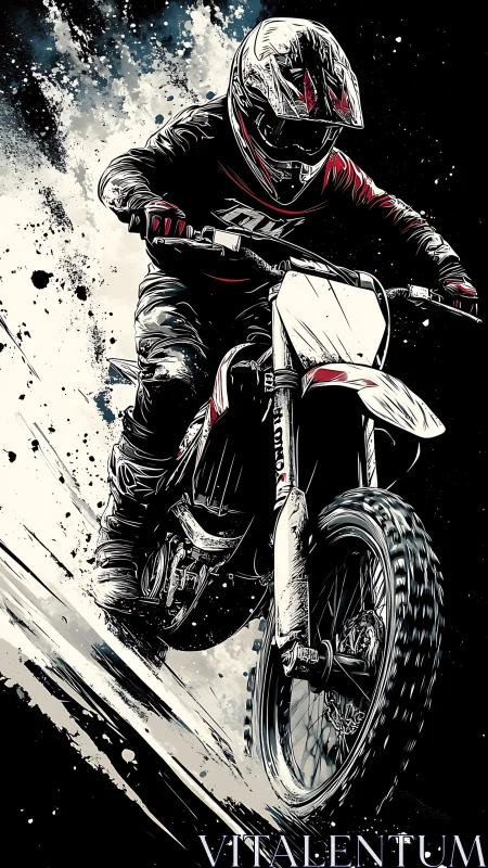 Motocross rider charges through splattered monochrome chaos