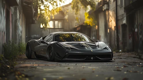 Low-slung black supercar in sunlit urban alleyway scene.