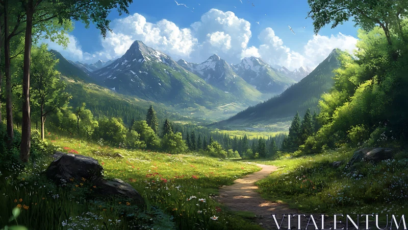 Sunlit alpine valley with wildflower meadow and peaks.