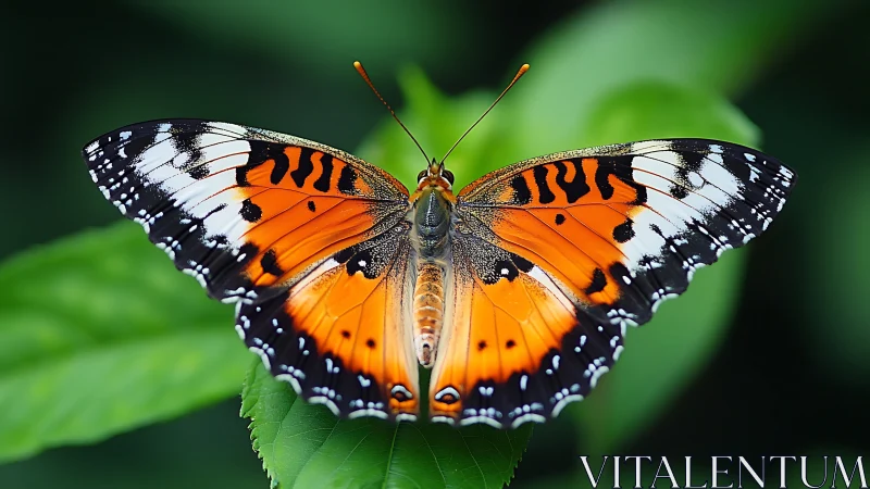 Bright orange butterfly rests softly on a fresh green leaf