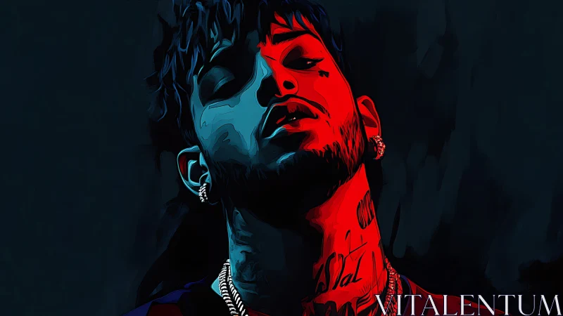 Neon-lit rapper portrait drenched in crimson and midnight blues.