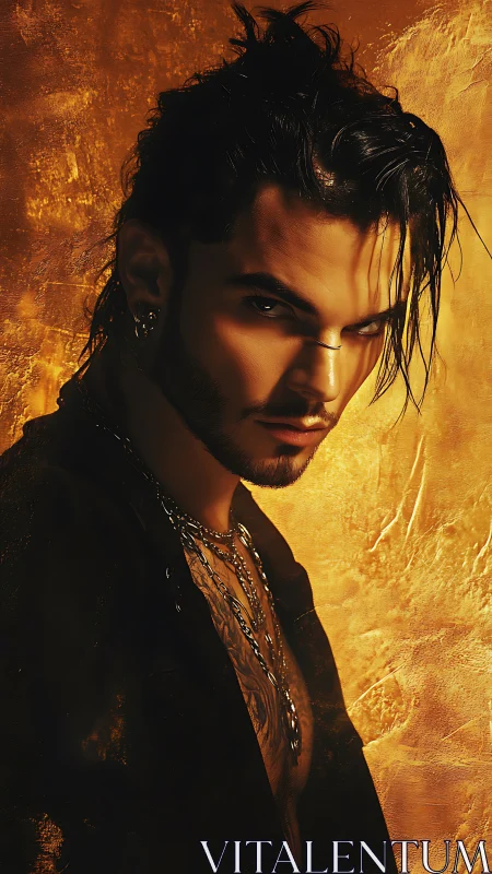 Cinematic low-key portrait with molten-gold textured backdrop.