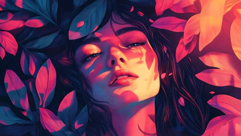 Female portrait framed by stylized leaves in neon lighting.