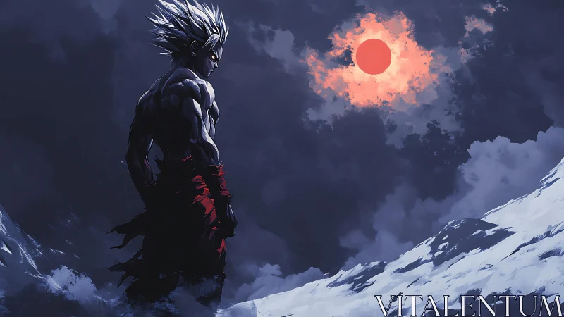 Silver-haired warrior under blood moon over storm peaks.