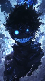 Backlit spectral figure with bioluminescent eyes and grim serrated grin