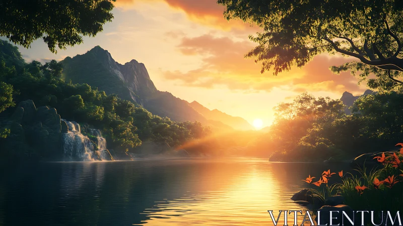 Mountain lake landscape with waterfall at low sunset light.