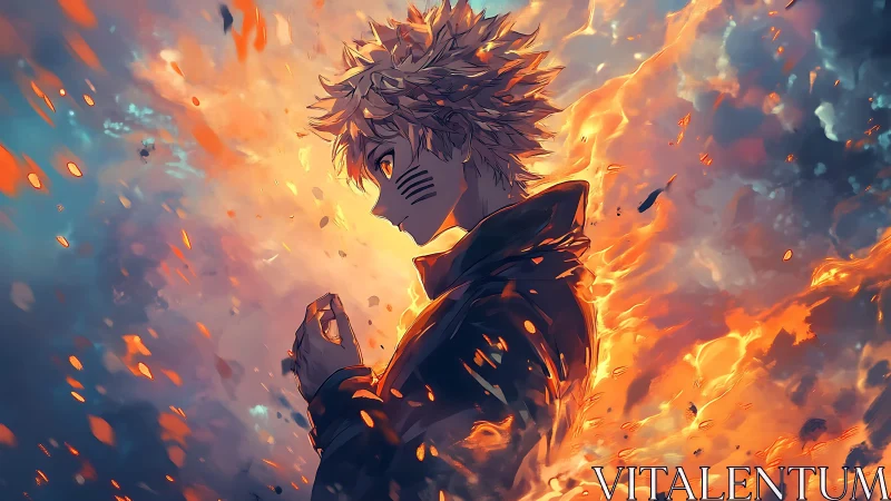 Fiery anime profile portrait amid swirling embers and clouds