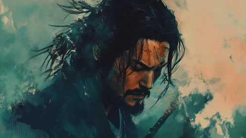 Solitary warrior bows his head in stormy painted dusk