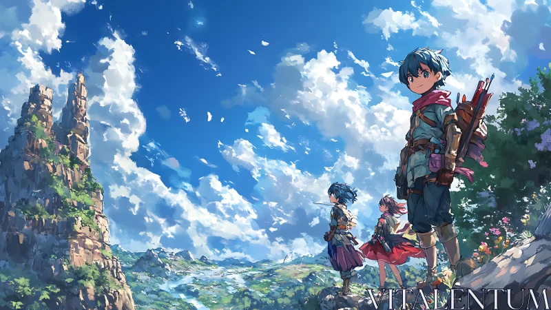 Group of young explorers on rocky ledge under broad sky.